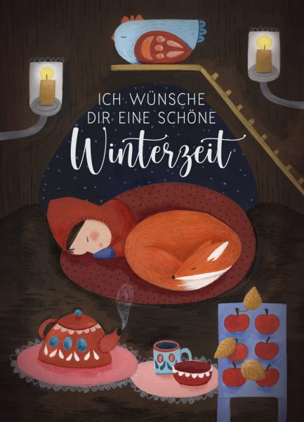 wintertime, gouache and colored pancils on paper, ann december illustration